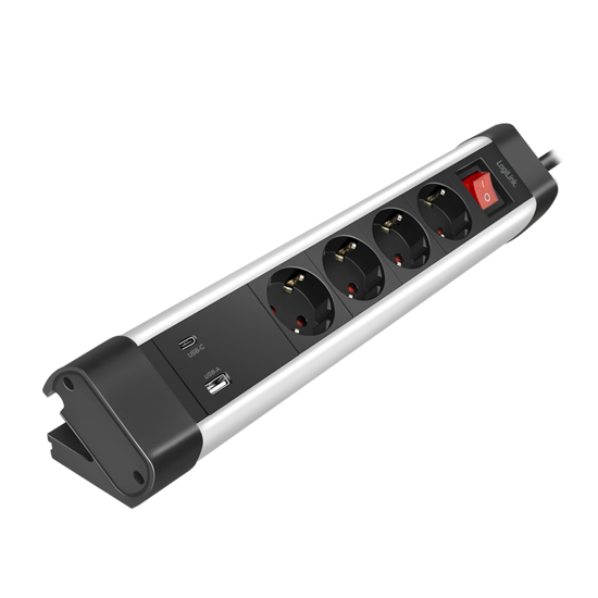 Picture of Logilink produžni kabl 4 mesta, 1 x USB A, 1 x USB C,  prekidač, stalak, 1.5m, aluminium